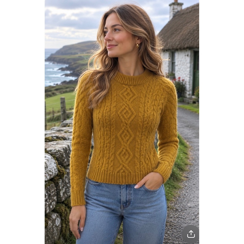 Aran Woollen Mills Mustard Yellow Super Soft Merino Wool Cable Knit Sweater XS